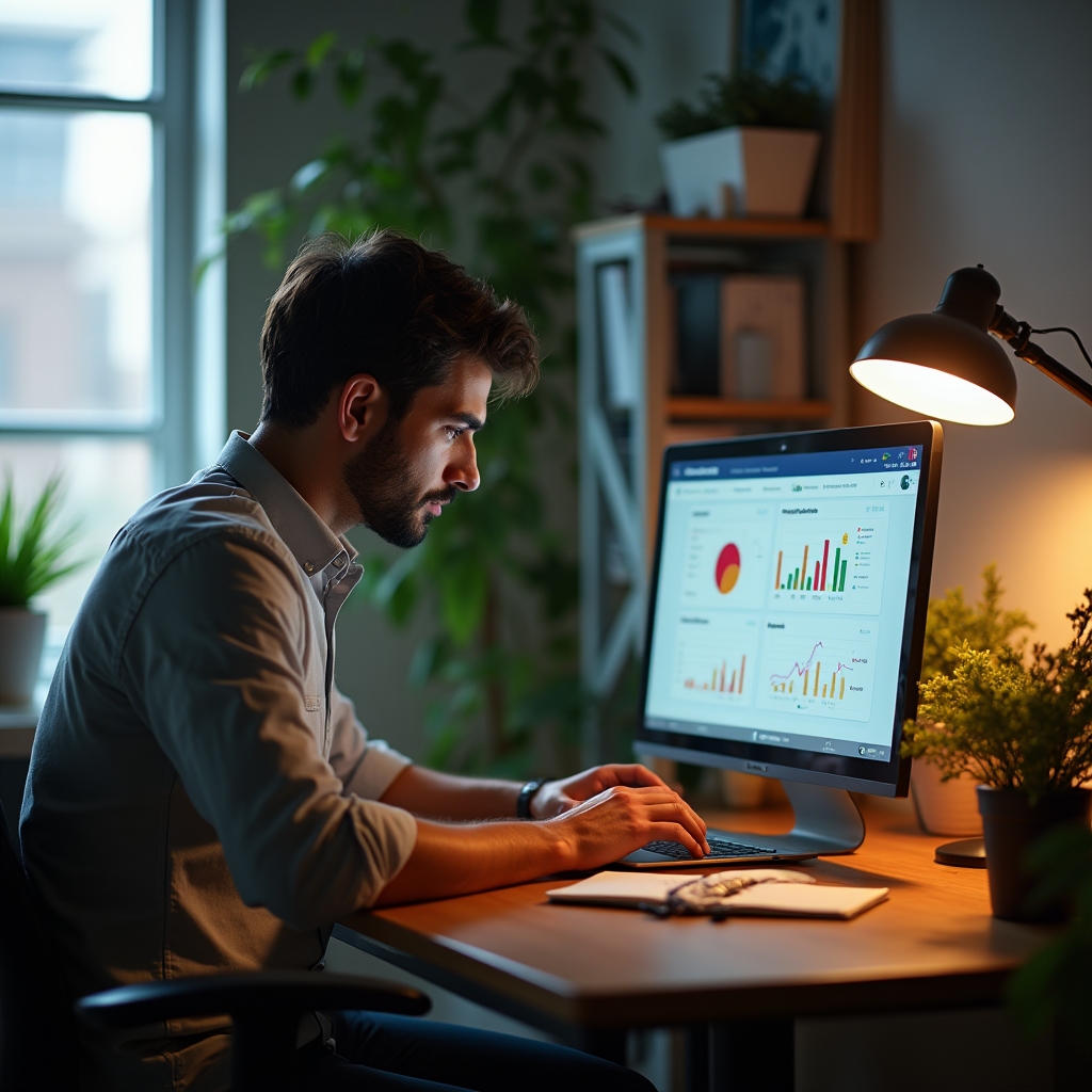 Osoba analizująca kampanię marketingową na ekranie laptopa